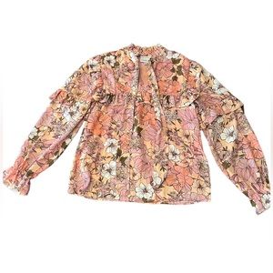 KOKO + Mason Pink Floral and Metallic Long Sleeve Ruffle Blouse Size XS